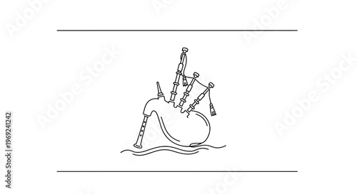 Minimalist line art illustration of traditional Scottish bagpipe musical instrument cultural