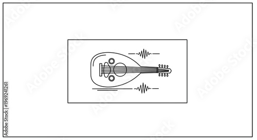 Elegant line art illustration of a traditional oud with sound waves symbolizing ancient musical