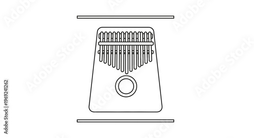 Minimalist black line art illustration of a traditional kalimba musical instrument isolated on