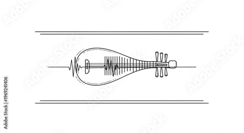 Minimalist Black and White Line Art of a Traditional Lute Instrument with Integrated Sound Wave