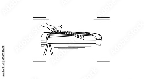 Elegant line art illustration of a hand performing on a classical zither-like instrument