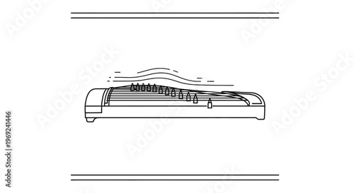 Elegant black and white line art of a traditional string instrument with rhythmic sound wave
