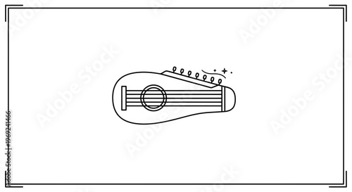Simple black and white line art depicting a small string instrument, like a ukulele or mandolin,