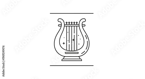 Elegant minimalist line art illustration of a classical lyre instrument for music branding