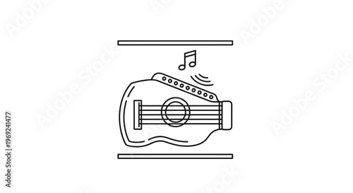 Minimalist line art icon of a string instrument playing melodic tunes and vibrant sound waves