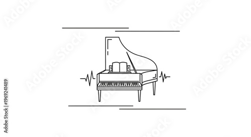 Minimalist grand piano line art with dynamic sound wave elements symbolizing music's rhythm and