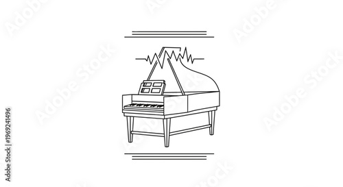 Minimalist grand piano line art illustration featuring an abstract dynamic sound wave above the