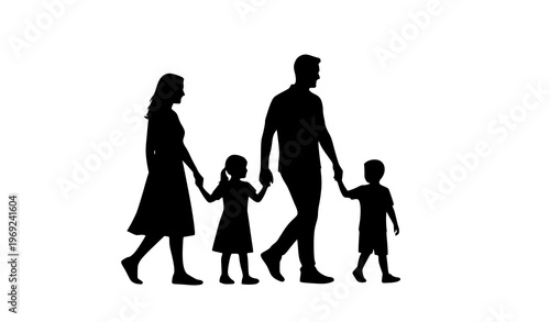 Happy family walking together silhouette vector illustration isolated on white background minimal design