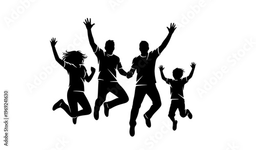 Joyful family jumping silhouette vector illustration isolated on white background dynamic concept