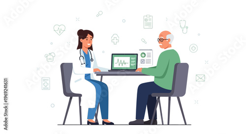 Empowering older Americans with health knowledge this Older Americans Month A doctor consults an elder patient, reviewing vital medical data for improved well-being