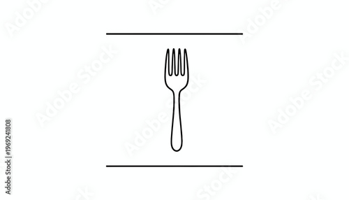Elegant minimalist line art illustration of a dinner fork between two framing lines on a pure