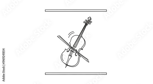 Stylized monochrome illustration of a string instrument with its bow actively producing melodic