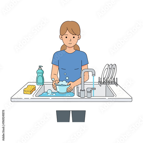 Woman washing dishes in kitchen sink with soap and sponge, clean house chore