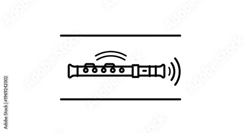 Stylized outline illustration of a wind instrument generating melodic vibrations