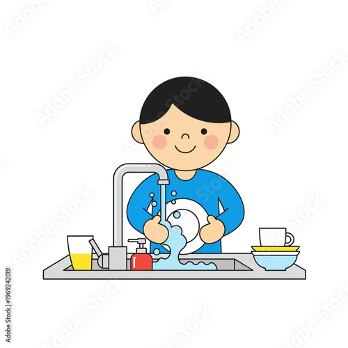 Boy washing dishes at sink, domestic chore, clean plate, soap dispenser, water splashing