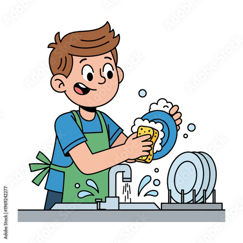 Boy Washing Dishes, Doing Chores, Kitchen Sink, Happy Cartoon Character