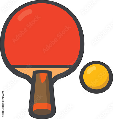 Ping pong paddle, red racket, yellow ball, table tennis equipment, sports icon