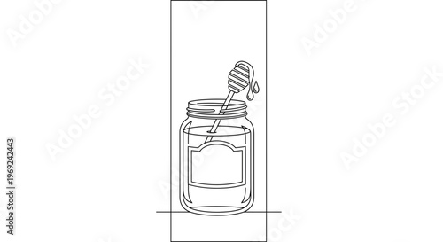 Continuous line art illustration of a sweet golden honey jar with a dipper ready for serving