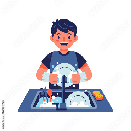 Happy Boy Washing Dishes in Kitchen Sink with Bubbles and Sponge