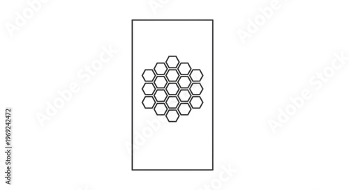 Minimalist graphic featuring a tightly clustered hexagonal pattern contained within a sleek