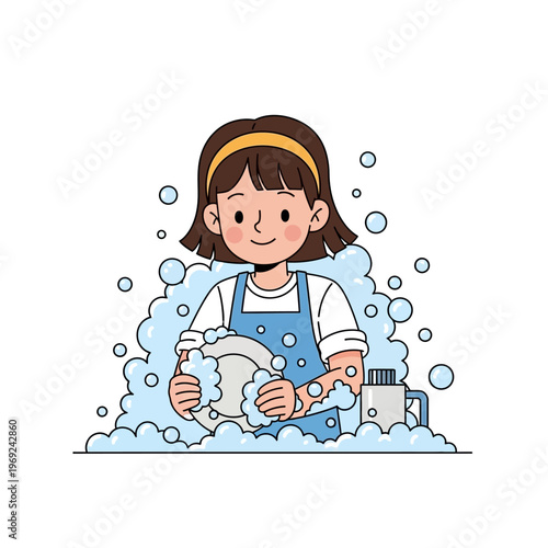 Happy girl washing dishes in a sink full of soap bubbles, cartoon illustration