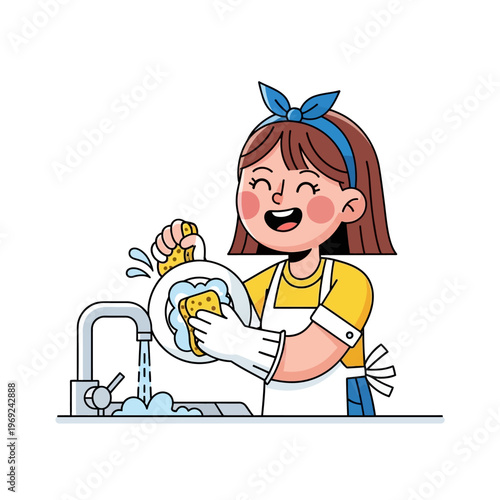 Happy Woman Washing Dishes in Sink with Sponge and Bubbles