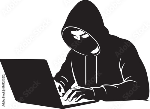 Hooded figure typing on laptop in dark silhouette style