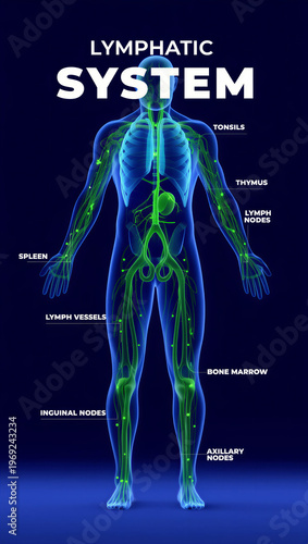 Human body lymphatic system anatomy with labeled parts  medical educational illustration