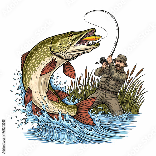 Northern pike fish jumping out of water with lure in mouth and fisherman catching it on background