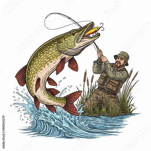 Northern pike fish jumping out of water with lure in mouth and fisherman catching it on background
