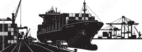 Cargo ship and cranes at a busy port terminal