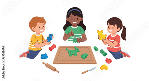Three happy children sit around a wooden board playing with colorful modeling clay to create various animal shapes like dogs and bears.