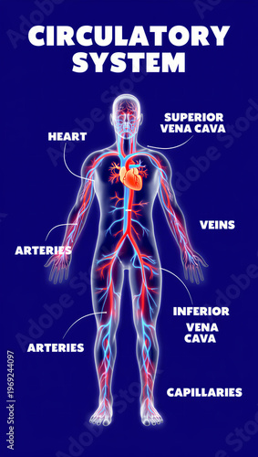 Human circulatory system with heart and blood vessels labeled diagram