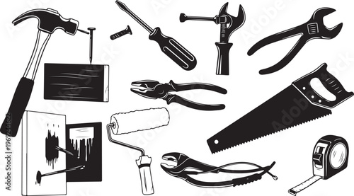 Collection of various black and white hand tools illustration