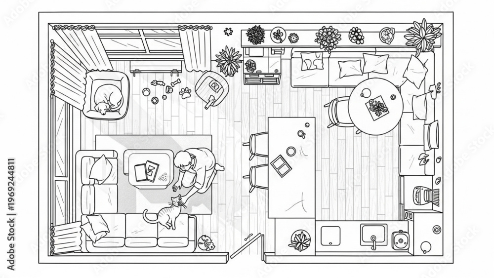 Obraz premium Detailed top-down schematic illustration of a cozy modern apartment floor plan concept, showcasing efficient living space design and furniture arrangement