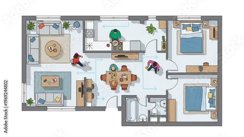 Modern Apartment Floor Plan with People Interacting in Living and Kitchen Areas