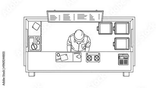 Overhead line art illustration of a bustling street food stand, showcasing a chef meticulously preparing meals with various kitchen equipment and a prominent menu board