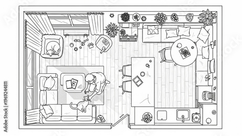 Detailed top-down schematic illustration of a cozy modern apartment floor plan concept, showcasing efficient living space design and furniture arrangement