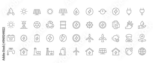 Comprehensive icons for energy, environment, and sustainability, showcasing diverse power sources.
