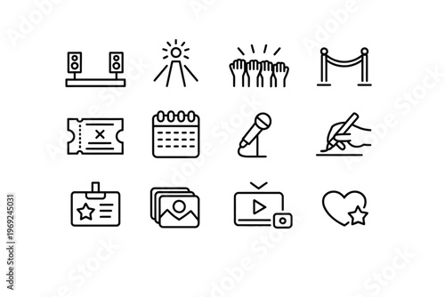Event planning icons: stage, spotlight, audience, barrier, ticket, calendar, microphone, writing