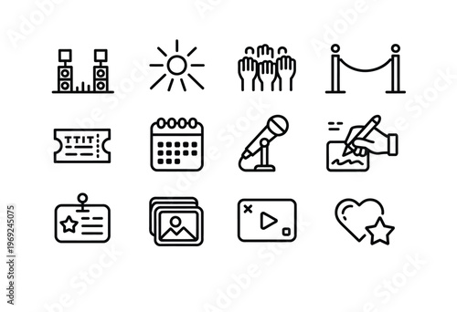 Event planning icons: stage, spotlight, audience, barrier, ticket, calendar, microphone, writing