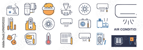 Air conditioning icons with various elements like thermometers, fans, and AC units.