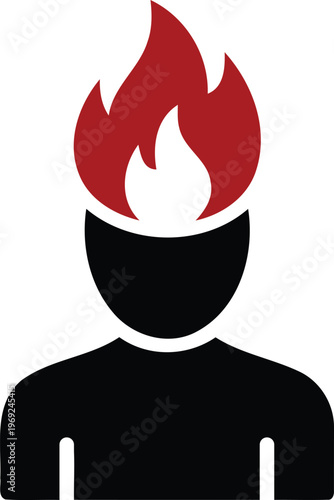 Angry person with flame on head  frustrated man with fire on top of head  emotional character with red flames  symbol of rage