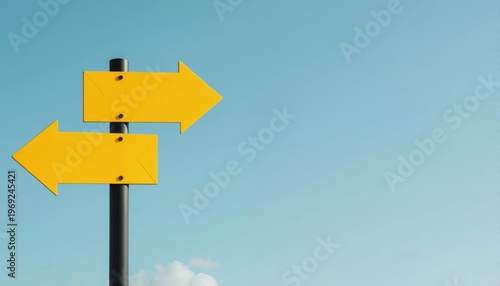 Two yellow arrows point in opposite directions against a clear blue sky. This symbolizes a crossroads, decision making, and diverging paths for future journeys.