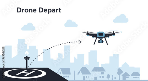 Urban cityscape vector illustration featuring an airplane flying over a skyline of skyscrapers and buildings under a cloudy sky