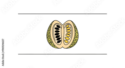 Stylized cross-section of a fruit revealing contrasting black and yellow seeds in a vibrant
