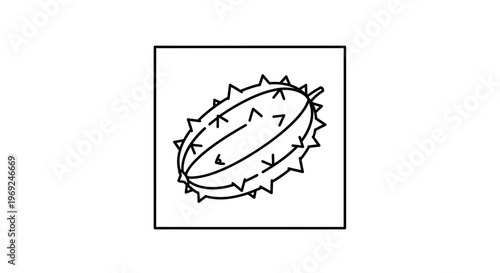 Minimalist black line art drawing of a spiky horned melon fruit icon for modern designs