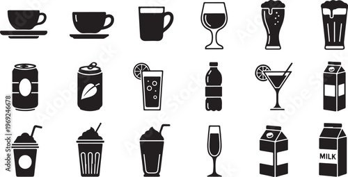 Collection of various drink icons in black and white