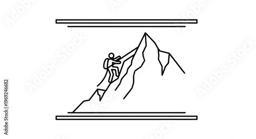 Minimalist line art illustration of a person ascending a rugged mountain peak, symbolizing