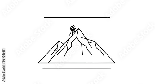 Minimalist line art illustration portraying a determined climber conquering a majestic mountain